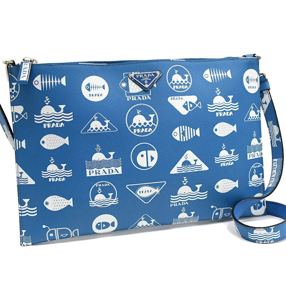 Prada Shoulder Bag Saffiano Leather Blue Fish Triangle Plate